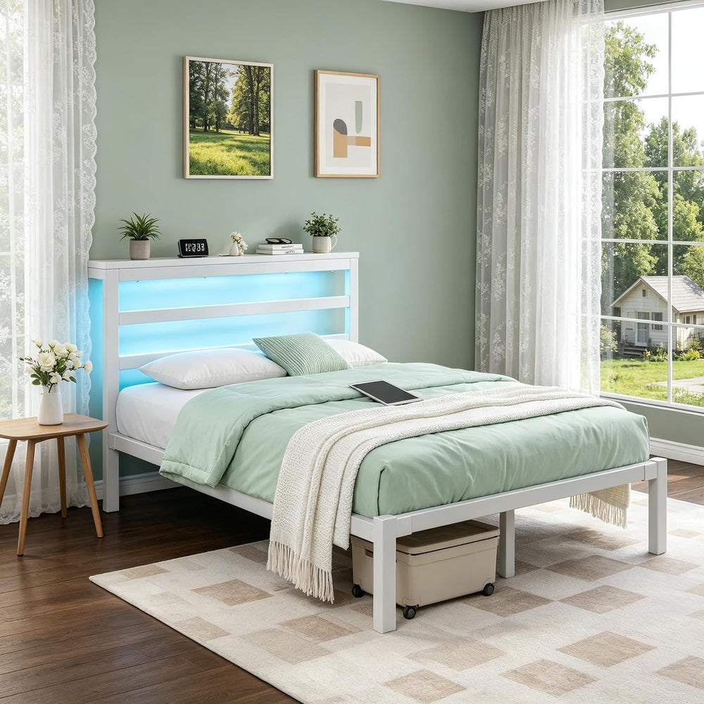 E-Motie Full Bed Frame, Storage Shelf and LED Lights Headboard, White