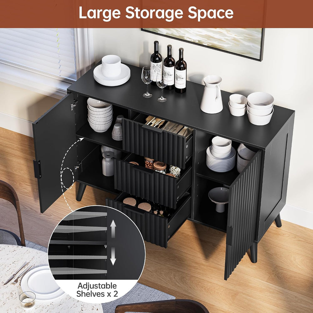 47.2" Fluted Sideboard Buffet Cabinet with 3 Drawers, Black Modern Buffe...