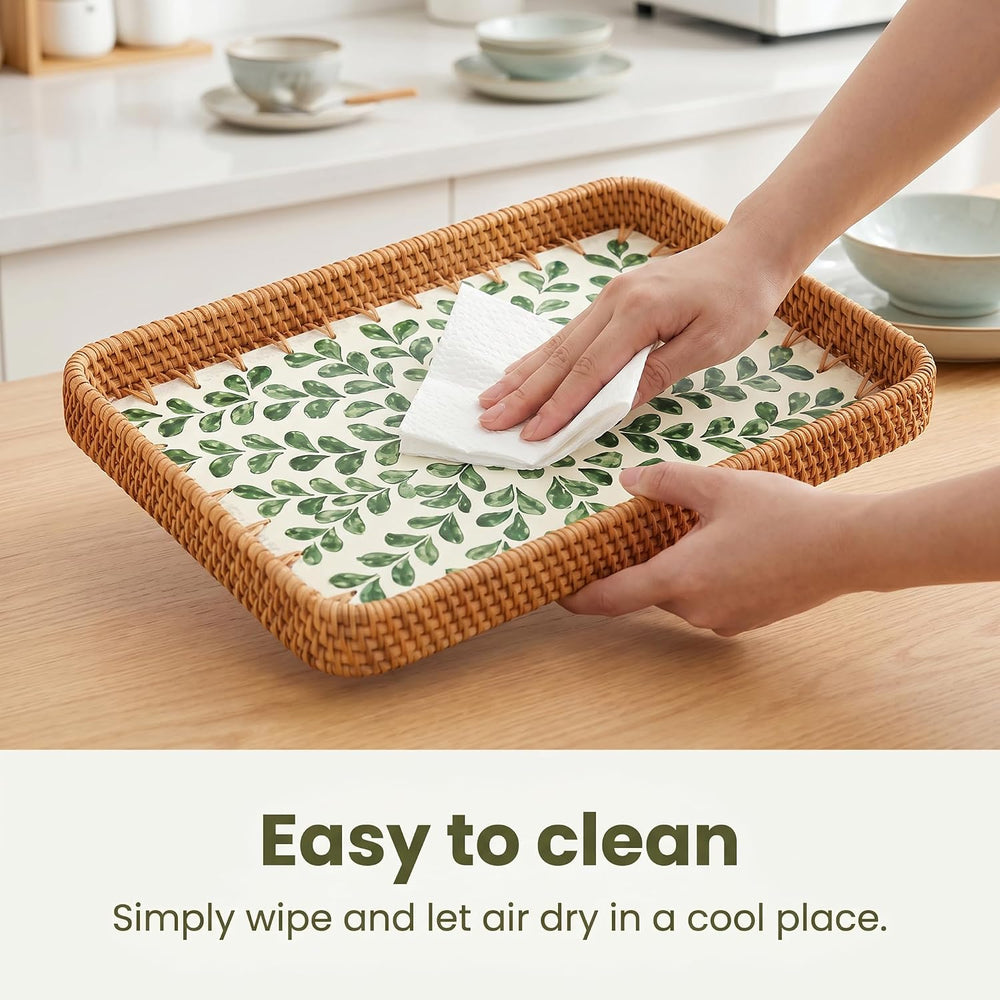 Handwoven Rattan Tray Set with Seashell Detail, Boho Serving Tray