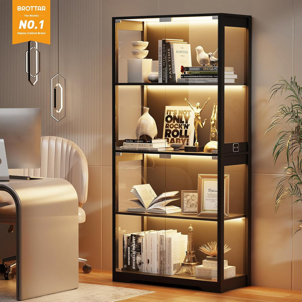 BROTTAR Display Cabinet with Glass Doors, 4-Tier Display Case, Black