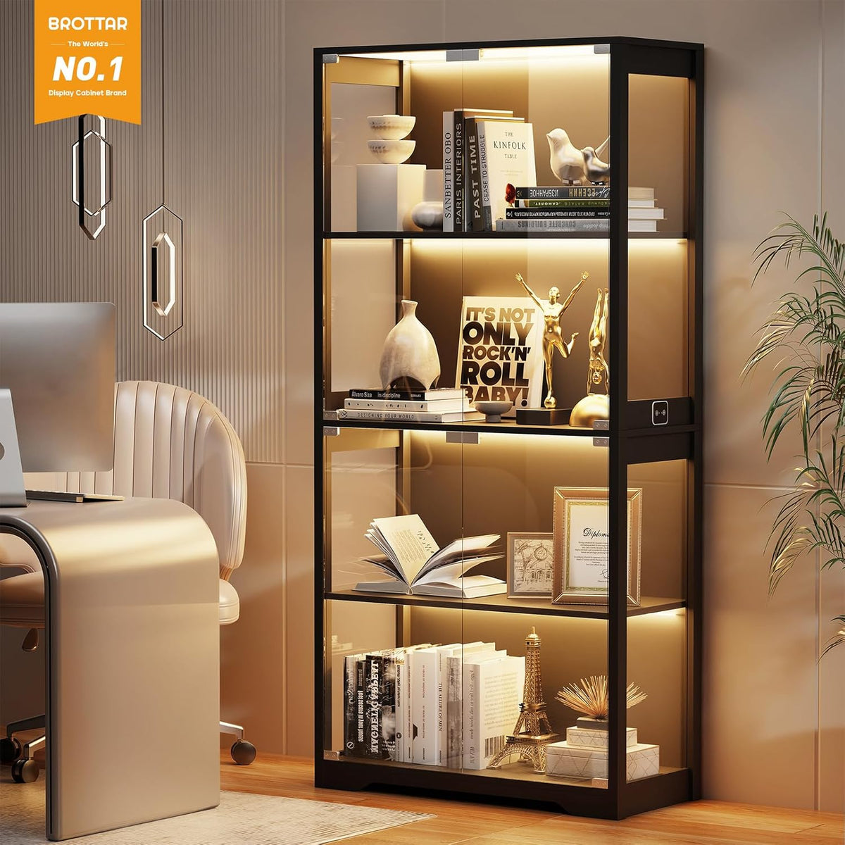 BROTTAR Display Cabinet with Glass Doors, 4-Tier Display Case, Black