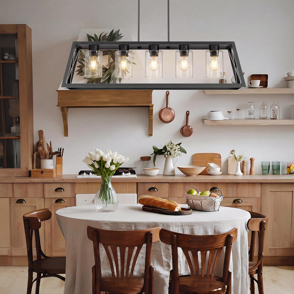 Dining Room Light Fixture, 5 Light, Black, Adjustable, Thickened, Trapezoid