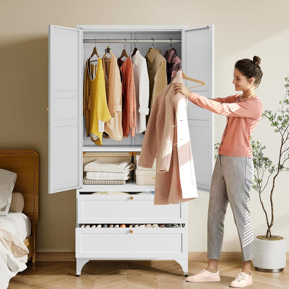 BYNSOE 71" Tall Metal Wardrobe Closet with 2 Drawers, Steel Armoire Cabi...