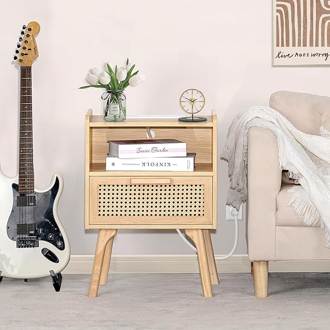 Lerliuo Rattan Nightstands Set of 2 with Charging Station, Boho Side Table with Drawer Open Shelf, Cane Accent Bedside End Table with Solid Wood Legs for Bedroom, Dorm and Small Spaces (Natural)