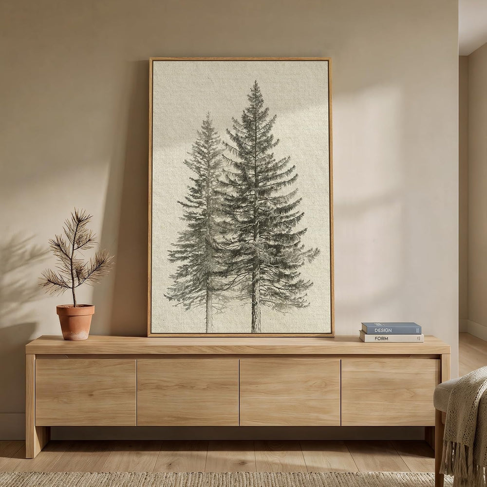 Framed Vintage Rustic Vertical Pine Tree Wall Art for Living Room, 24x36 In