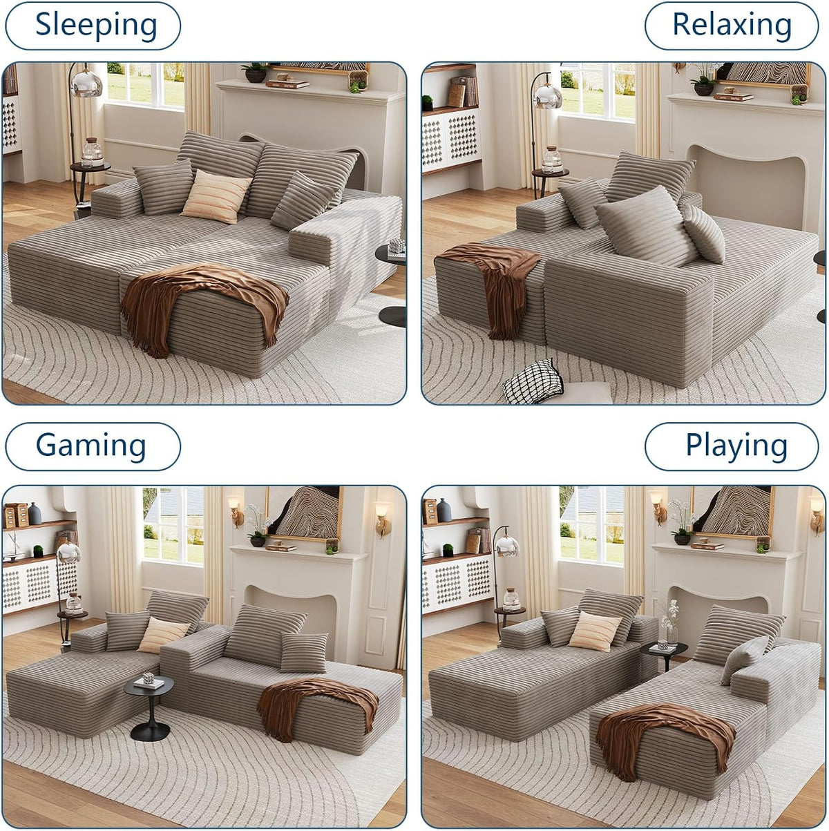 72" Oversized Double Chaise Lounges Indoor, Upholstered Corduroy Oversized Chaise Lounge Chair, Modern Sleeper Loveseat Chair Cloud Couch for Living Room Bedroom Reading (Camel)