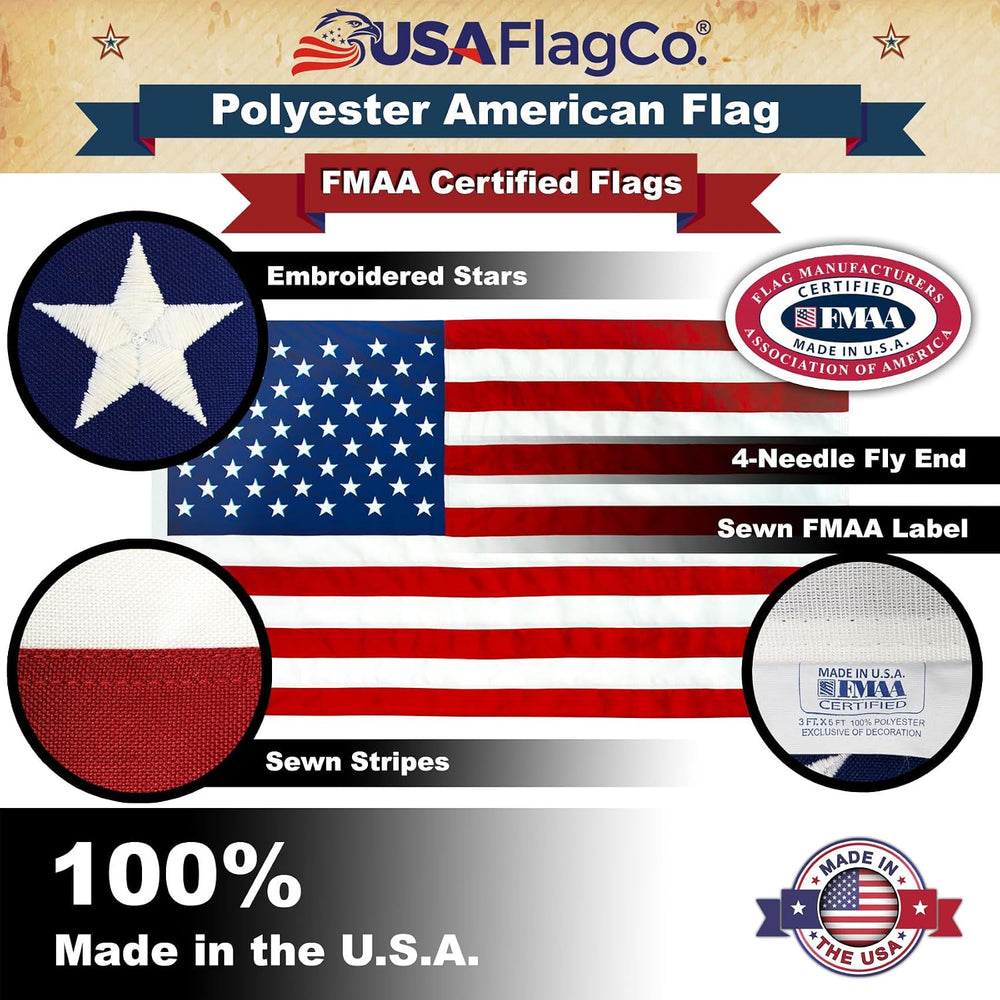 USA Flag Co. 3x5 Polyester US Flag - Embroidered Stars and Sewn Stripes Withs...