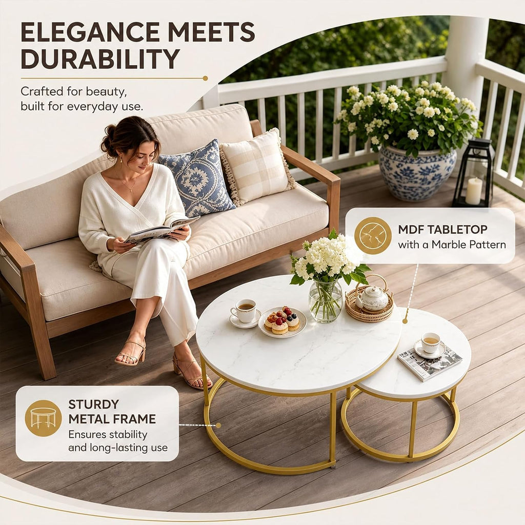 White Round Nesting Coffee Table Set of 2, Marble Pattern Top with Gold Metal Frame, 27.6" & 19.7" Nesting Side Table for Living Room, Space Saving