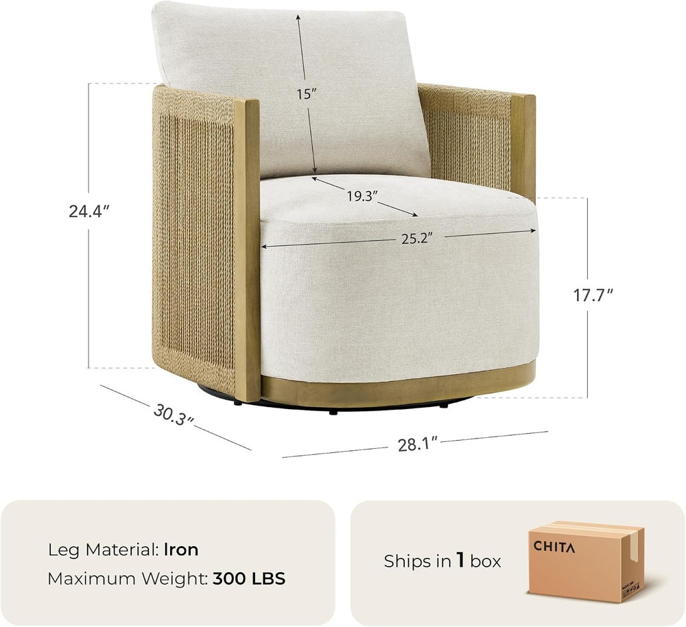 CHITA Braid Swivel Accent Chair with Wood Frame & Thickened Cushion, Linen
