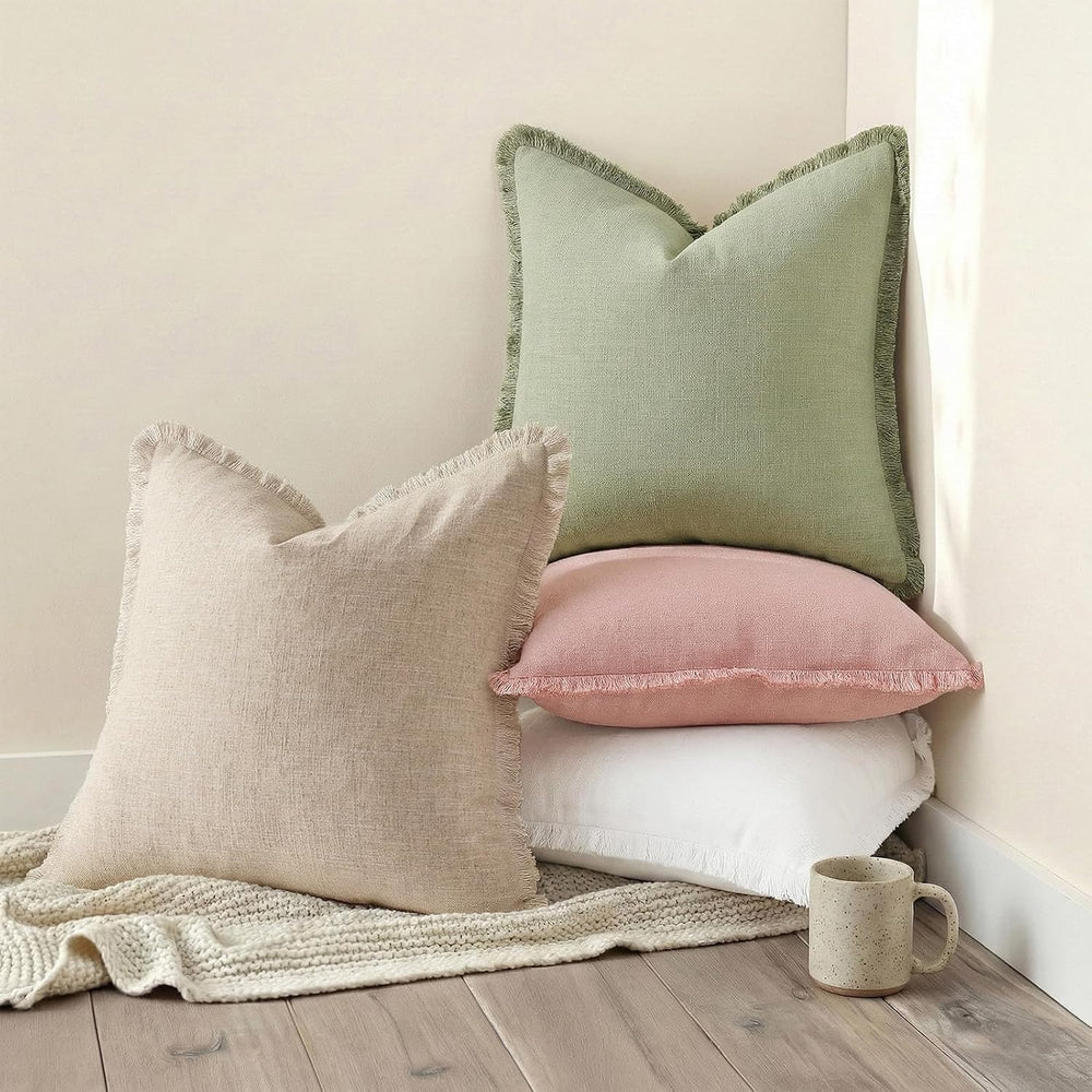 decorUhome Linen Fringe Sage Green Throw Pillow Covers 20x20 Set of 2