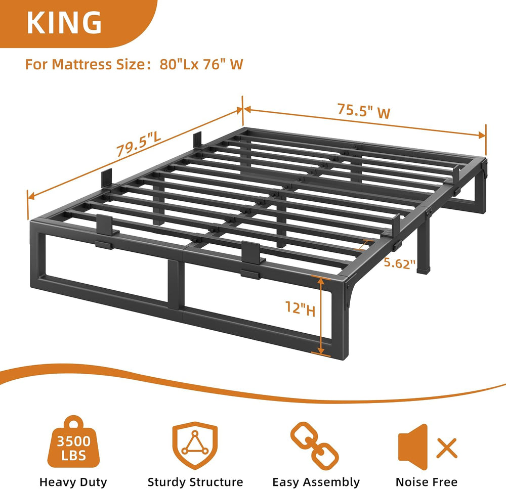 12 Inch Metal King Bed Frame with Steel Support, Noise-Free