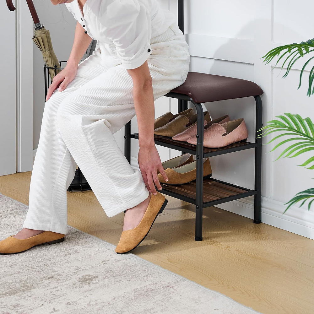 Gewudraw 3-in-1 Freestanding Coat Rack Stand with Shoe Bench for Entryway