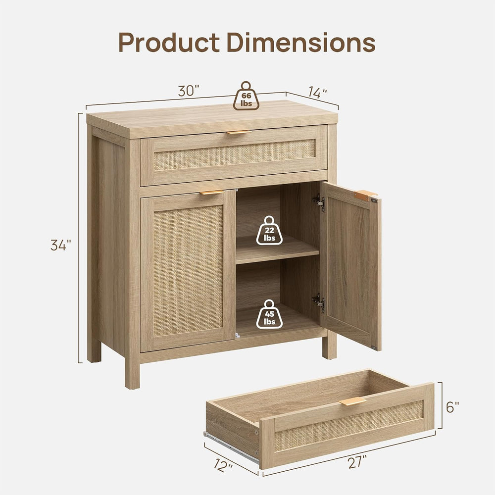 SICOTAS Sideboard Buffet Storage Cabinet, Rattan Accent Cabinet with Doors