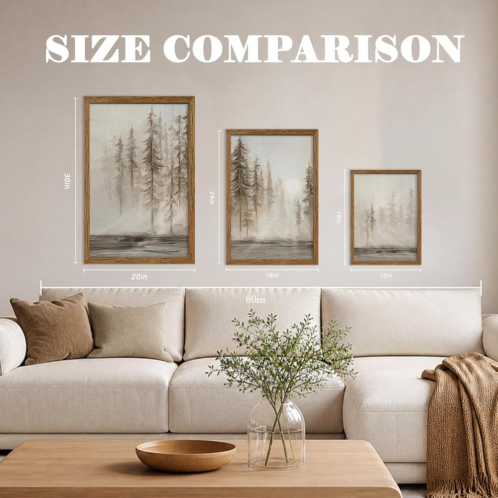 Urmoya Triptych Neutral Misty Forest Framed Canvas Wall Art, 12x16 inch x3