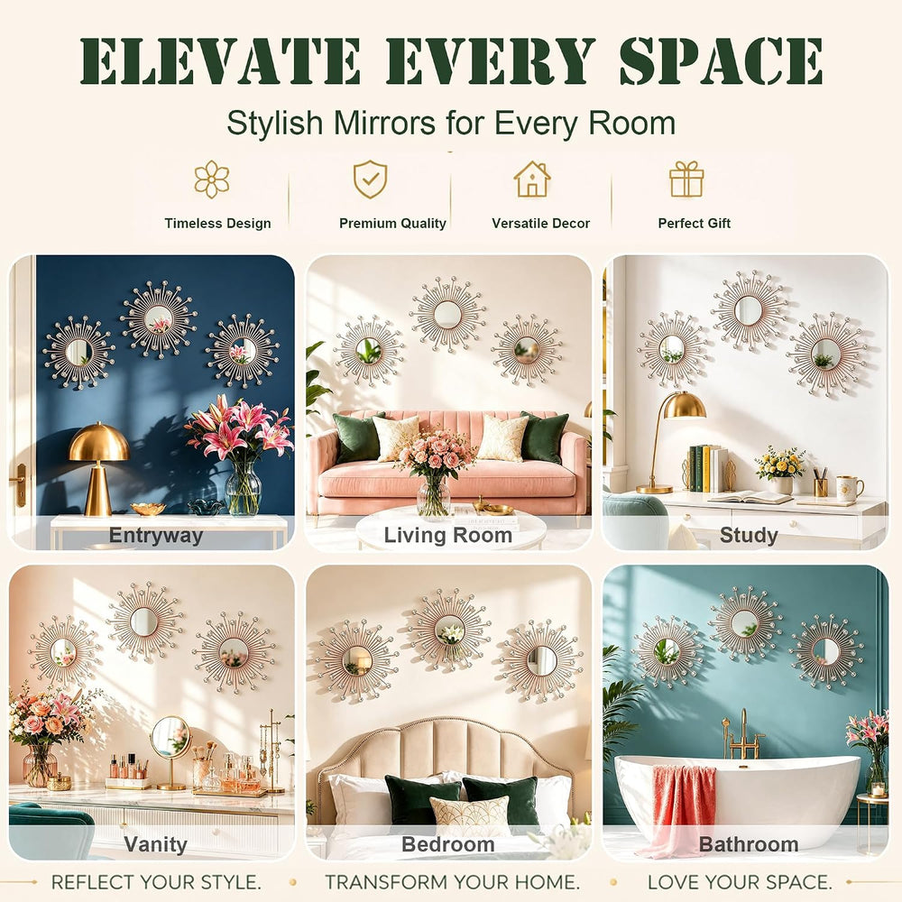 3 Pack Metal Mirrors for Wall Sunburst Wall Mirror Rose Gold Crystal Décor