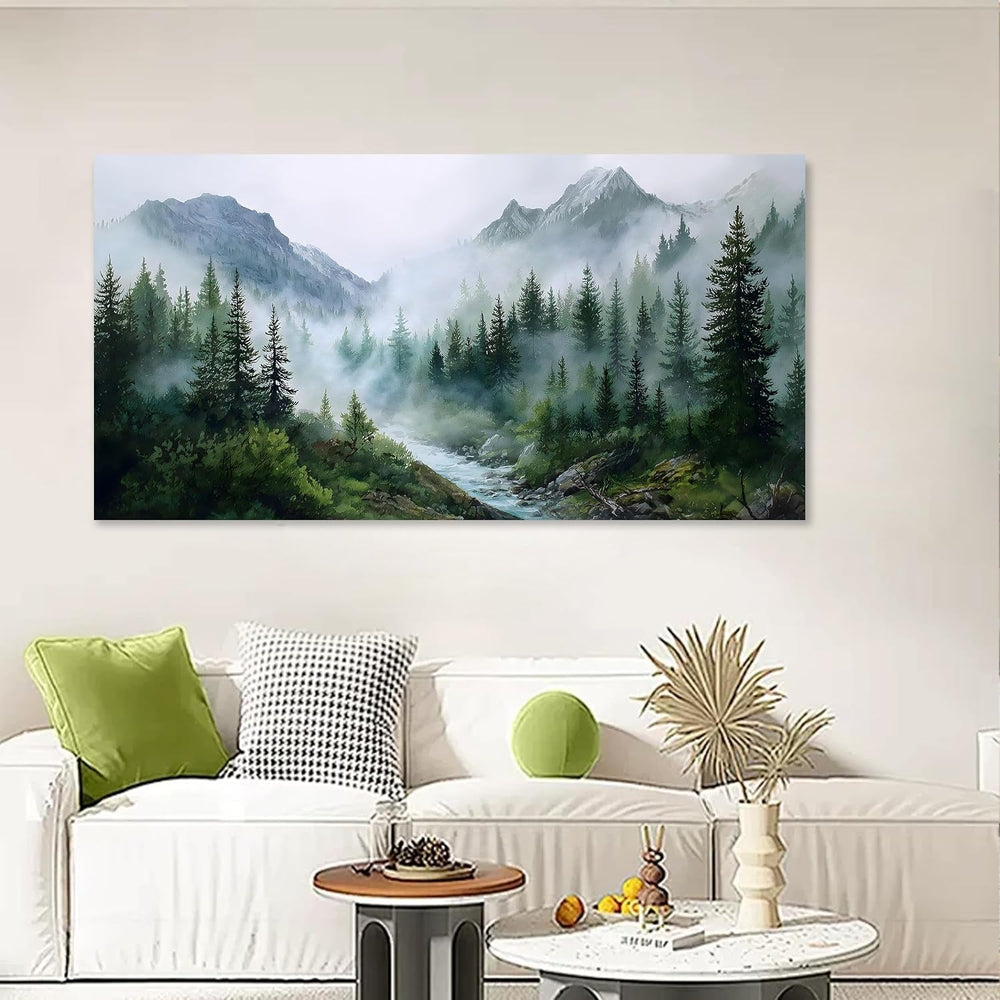 Trogonup Large Misty Forest Wall Art for Living Room Green Mountain Landscape...