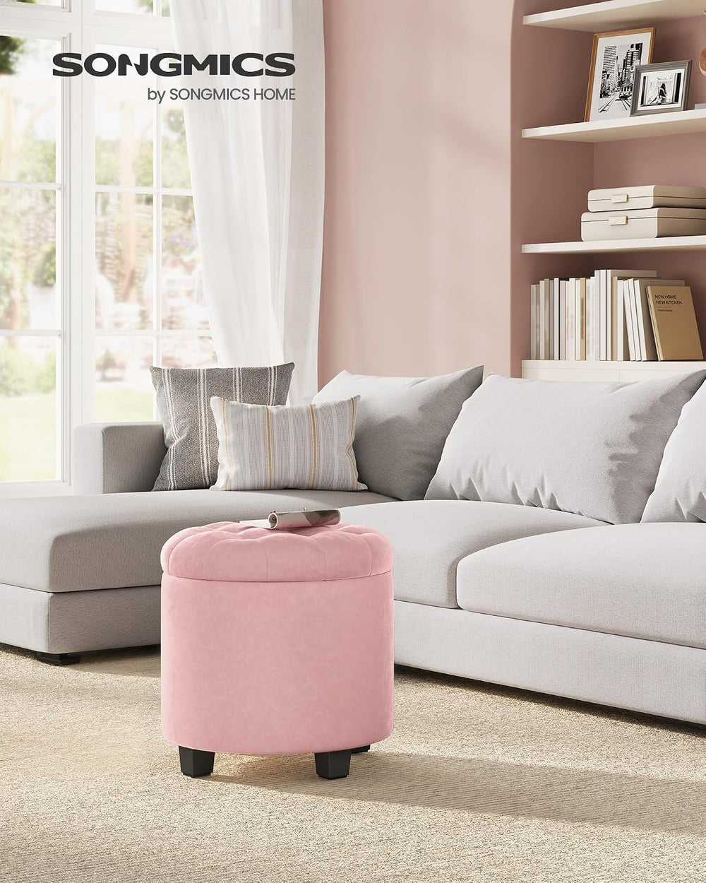 SONGMICS Vanity Stool, Round Ottoman with Storage, Velvet