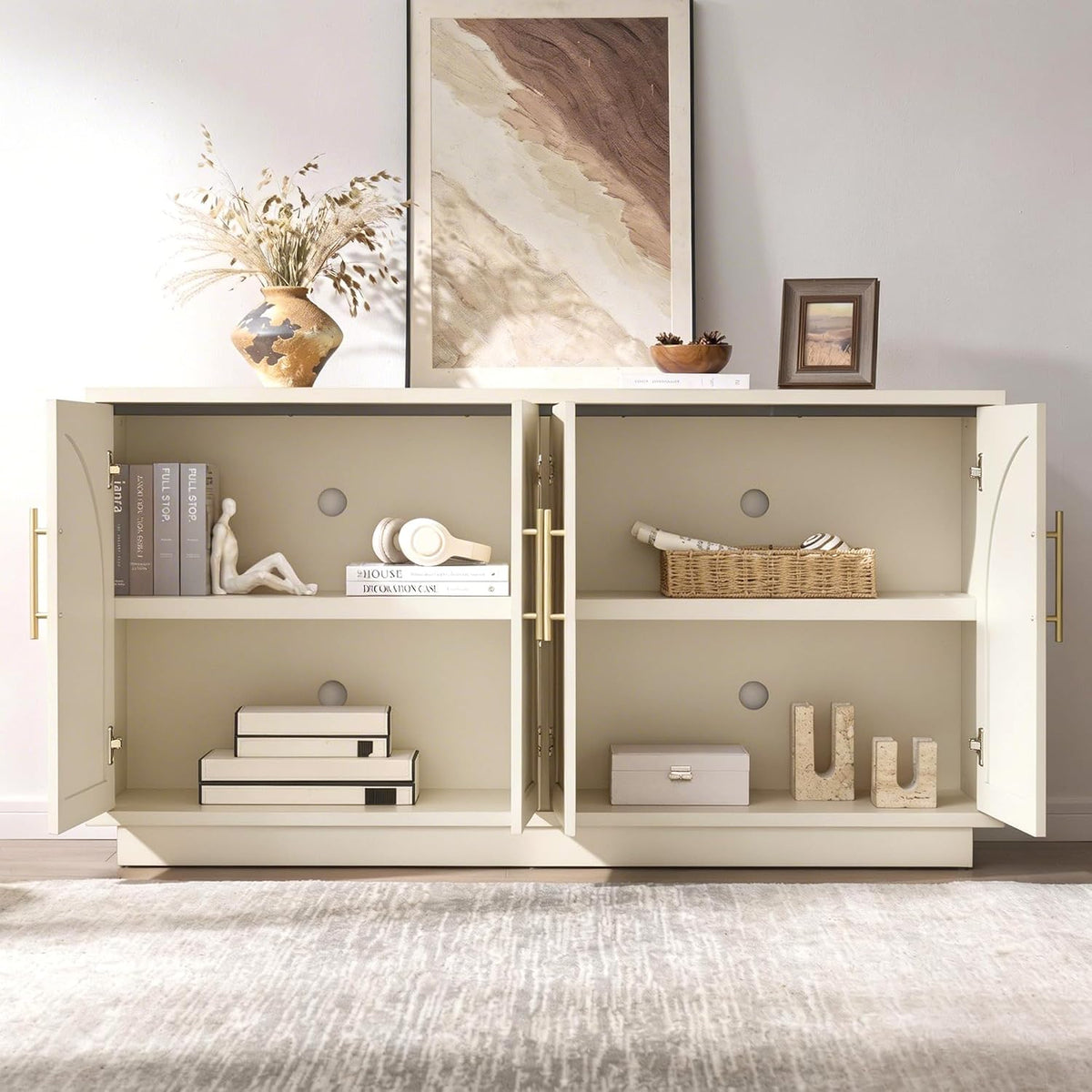 Fatmok Buffet Cabinet with Storage, 59'' Modern Arched Sideboard Cabinet w/Adjustable Shelves, Wood Media TV Console Table Credenza for Living Room Hallway Entryway, Beige(Not White)