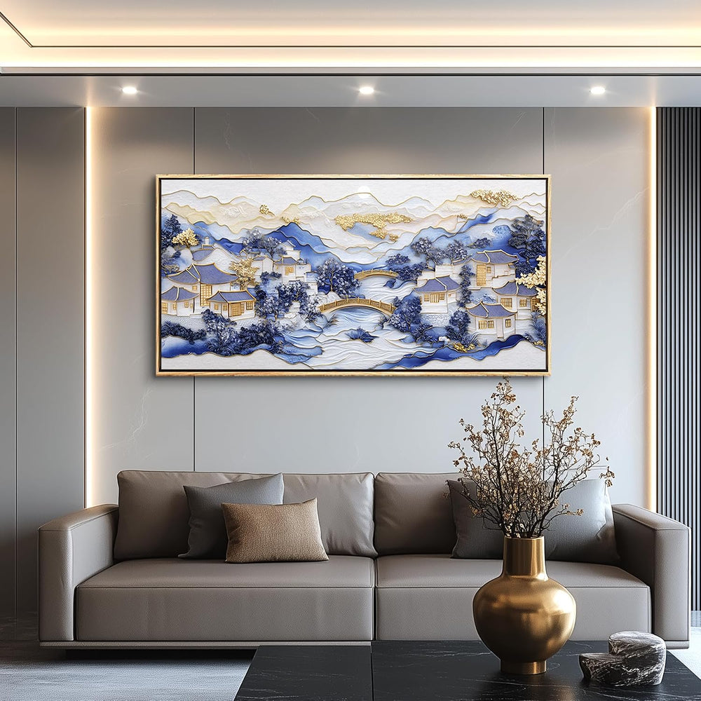 Large Blue Landscape Wall Art,Modern Abstract Wall Decor,Minimalist Artwork
