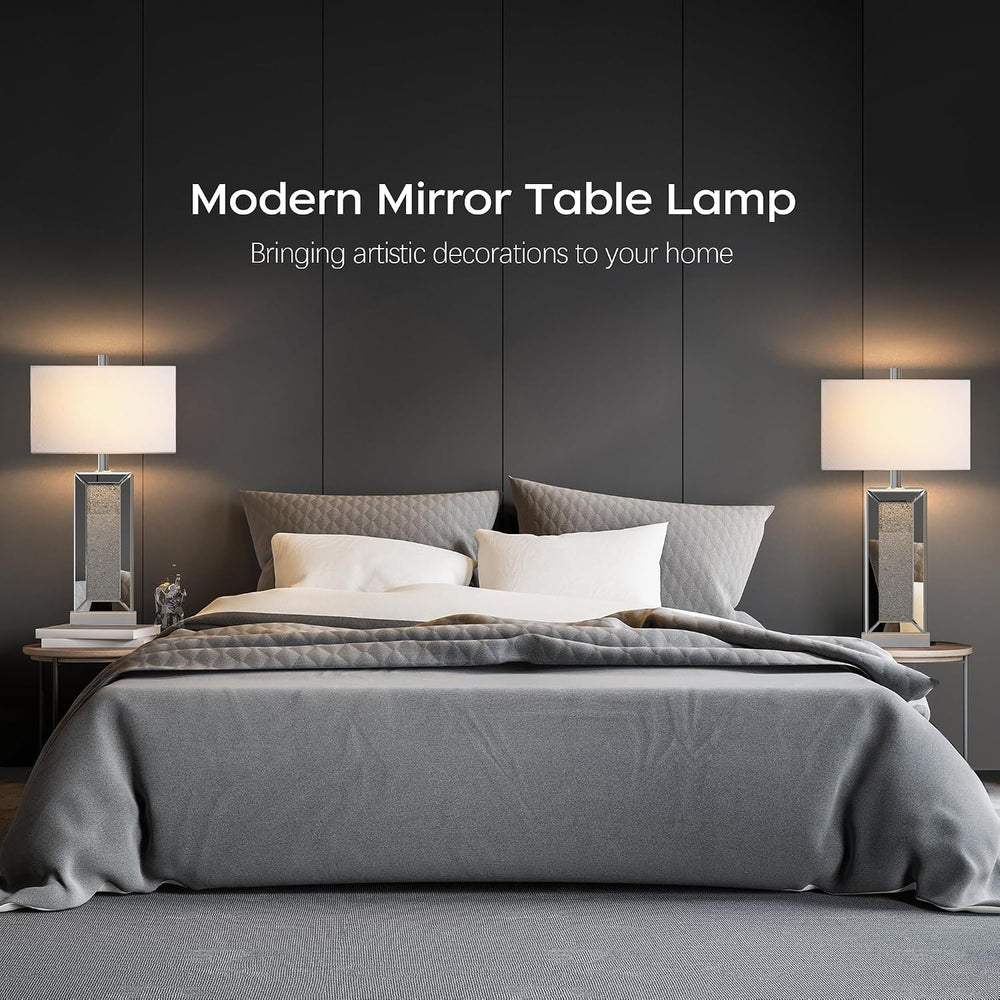 Modern Table Lamp Set of 2 Touch Control, Silver Mirror Diamond Crystal Bedsi...