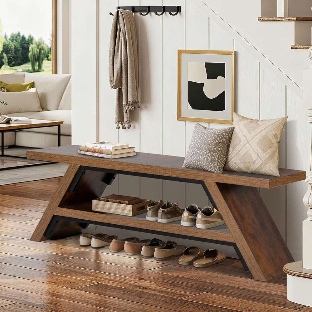 2-Tier Shoe Storage Bench, 55" Large Solid Wood Entryway Stool Storage