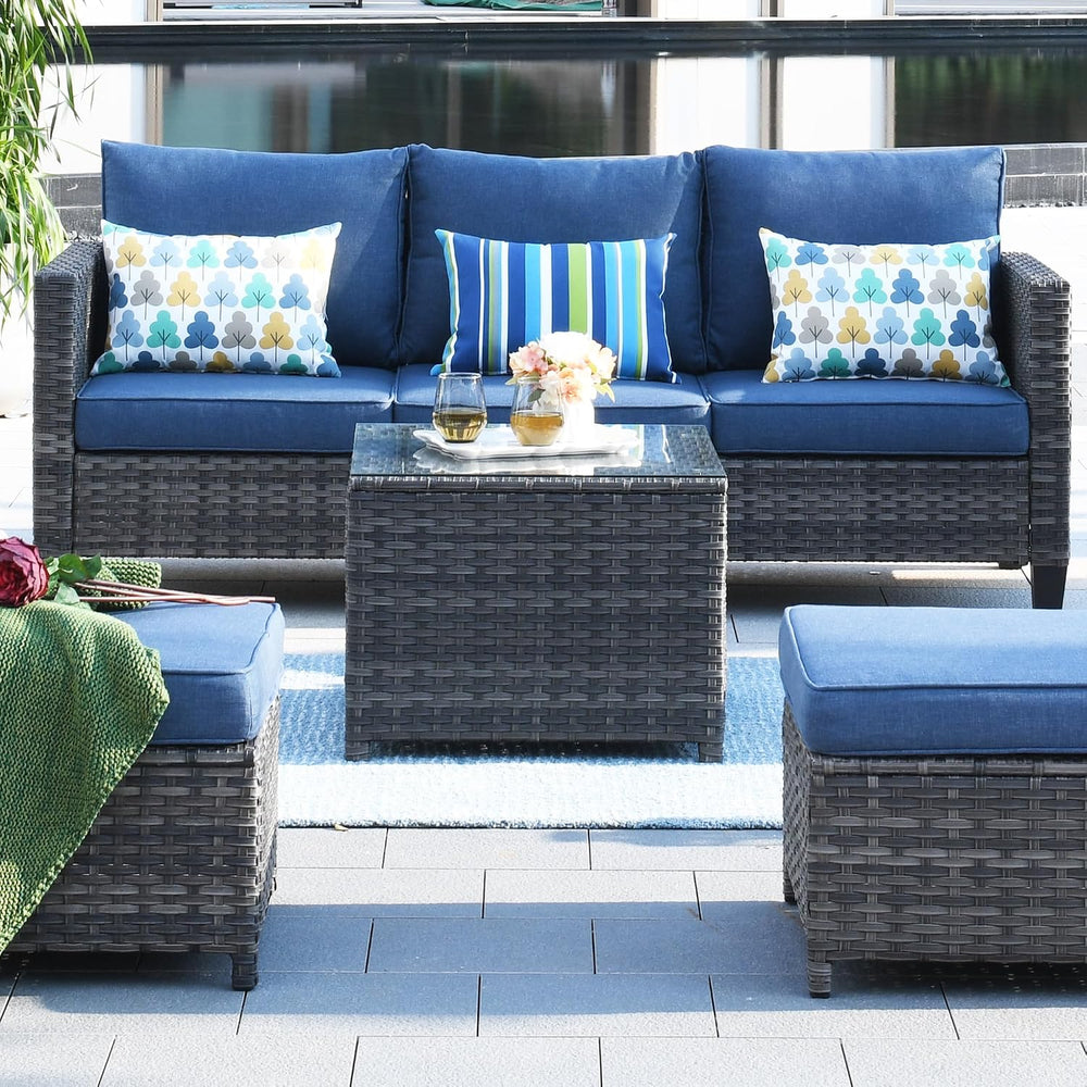 ovios Outdoor Side Table with Tempered Glass Top, Patio Wicker Coffee Table, ...
