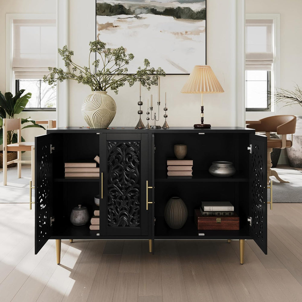 ARTPOWER 47.8" Vintage Accent Cabinet with 4 Hollow Carving Doors, Black