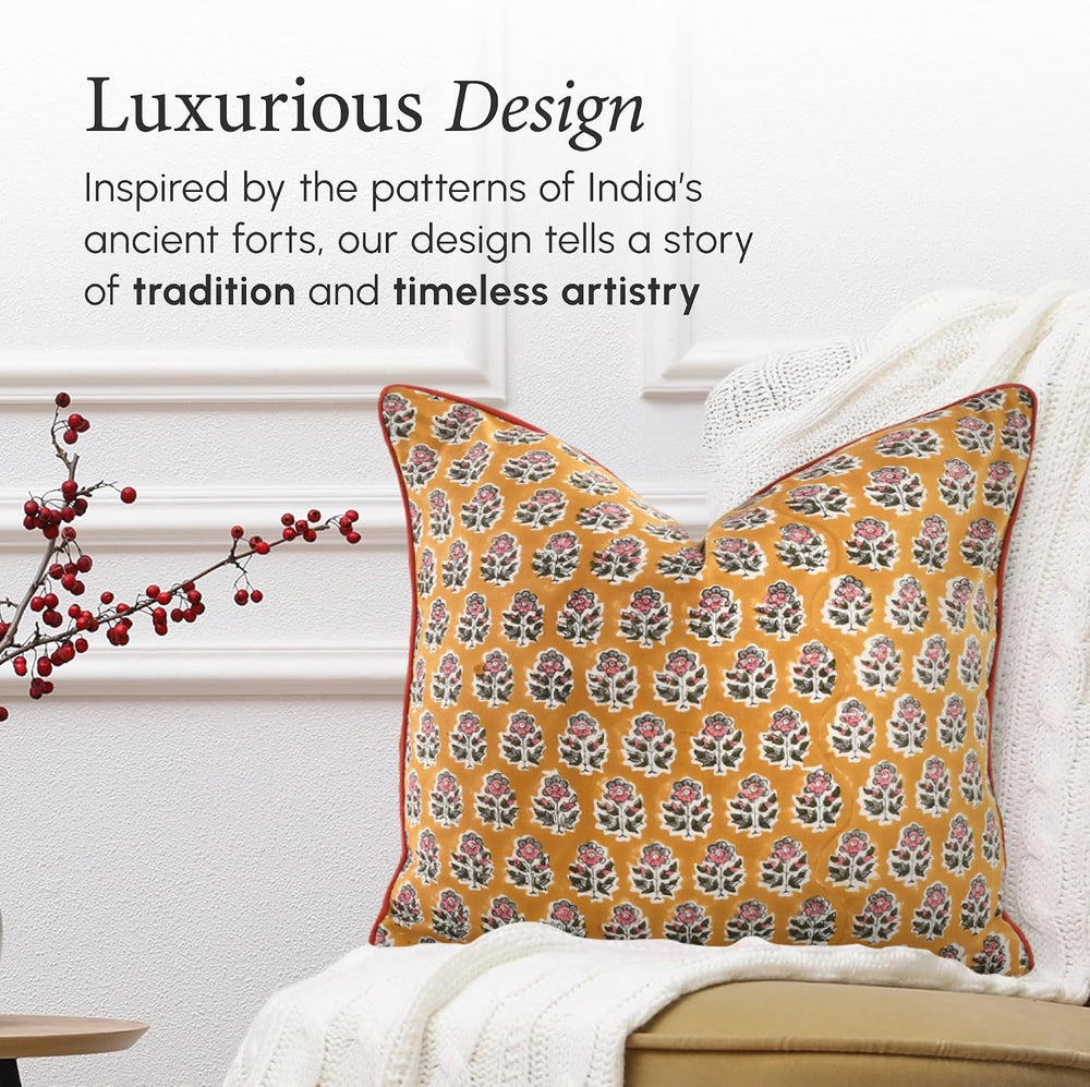 CPC Yellow Citrine Block Print Throw Pillow Covers 18x18 Inch, Pack of 2