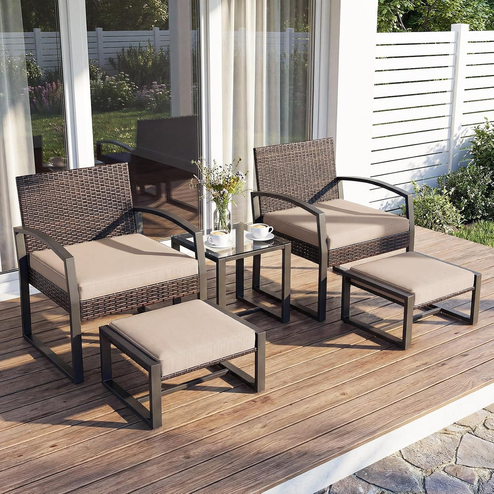 Tangkula 5 Pieces Wicker Patio Conversation Set, Rattan Chair with Ottoman
