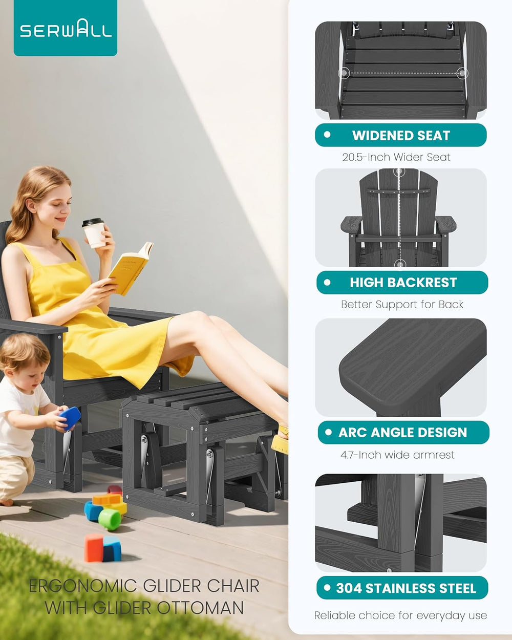 SERWALL HDPE Outdoor Glider with Ottoman, All-Weather Patio Glider Rocker