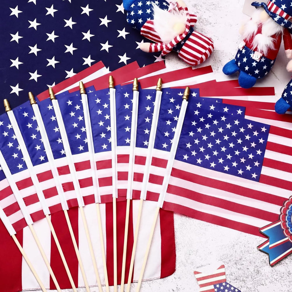 Tegeme 100 Pack Bulk Small American Flags on Stick, Wooden Pole Spear Tip