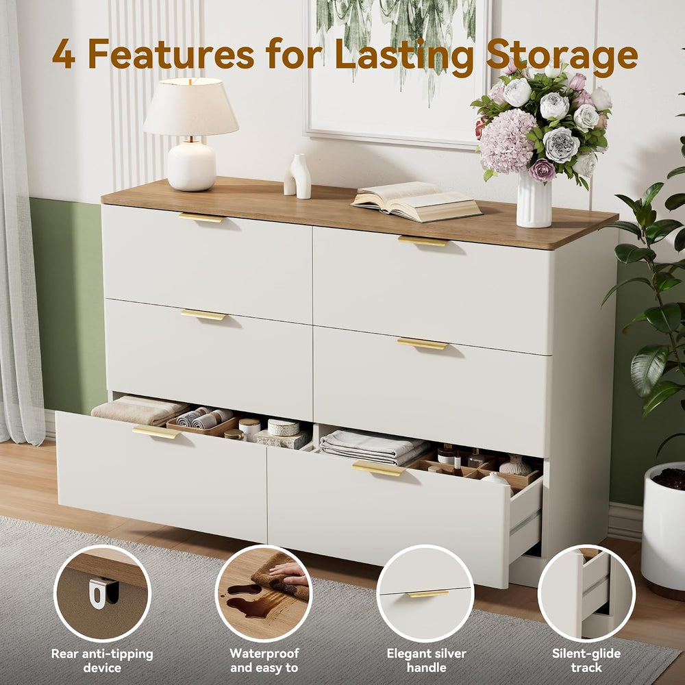 3 Pieces 6 Drawer Dresser & 3 Drawer Nightstand Set, White & Brown