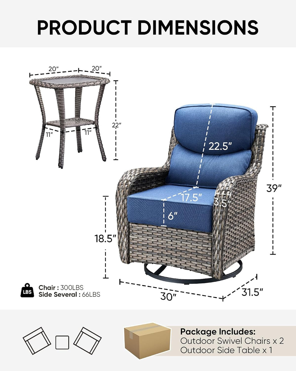 HUMMUH 3-Piece Wicker Swivel Rocker Chairs and Side Table Patio Set