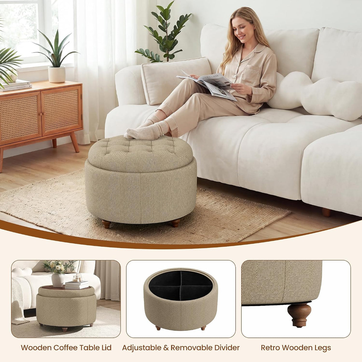 25" Round Ottoman with Storage, Small Coffee Table with Reversible Tray Lid