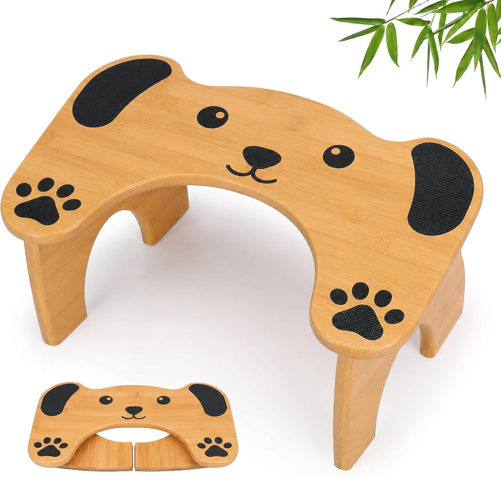 Foldable 7-Inch Bamboo Toilet Stool for Adults, Dog Design
