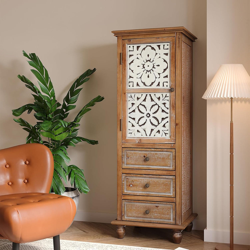 LKTART Solid Wood Tall Accent StorageCabinet,Narrow Carved Sideboard Buffet