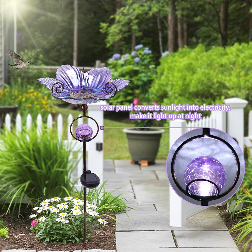 MUMTOP Glass Bird Baths with Solar Globe Light for Outdoors Garden Decor