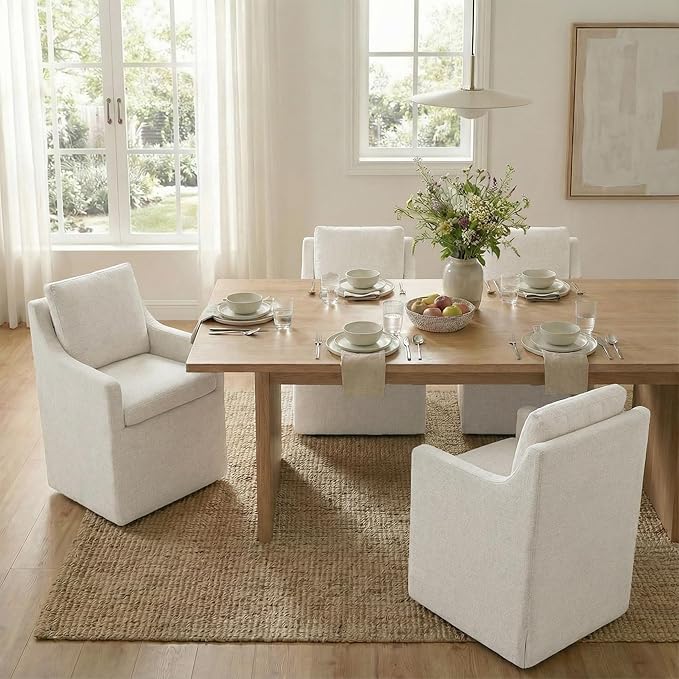 Upholstered Dining Chairs Set of 1, Modern Dining Room Chairs with Casters & Washable Cover, Rolling Accent Chair with Hidden Storage for Kitchen, Farmhouse, Living Room, Linen Fabric, 1 Box