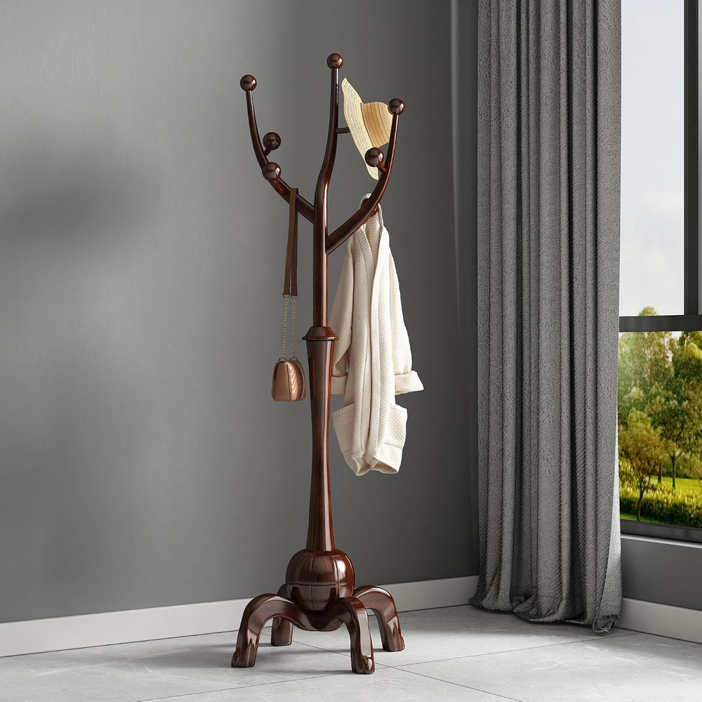 Wood Freestanding Coat Rack 8 Hooks Coat Tree Standing,Dark Walnut