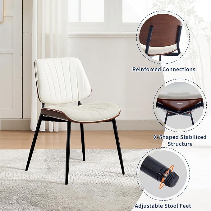 Garvee Dining Chairs Set of 2, Mid-Century Modern Upholstered Retro PU Leather Kitchen Chairs with Walnut Bentwood Back and Metal Legs Adjustable Feet for Kitchen Dining Room, White Shell Strips