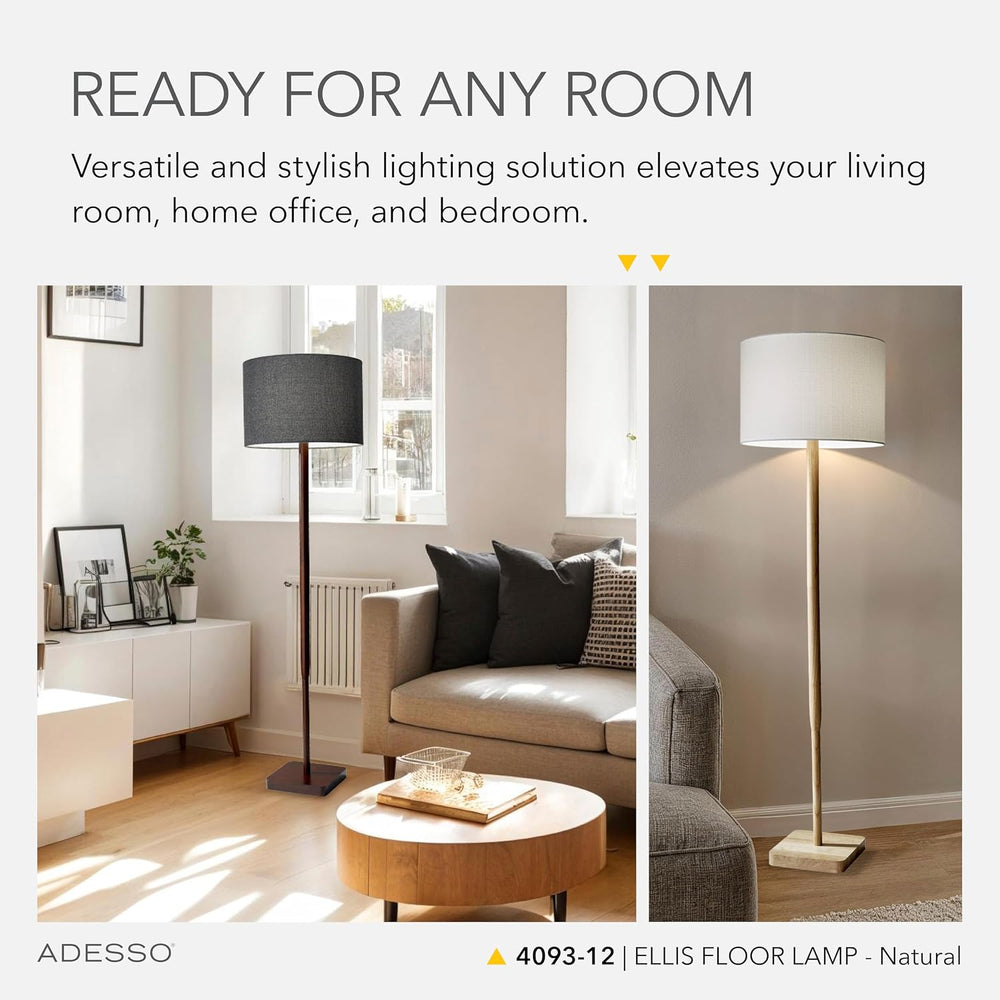 Adesso Floor Lamp, Natural Rubberwood & White Linen, 3-Way, 58.5”