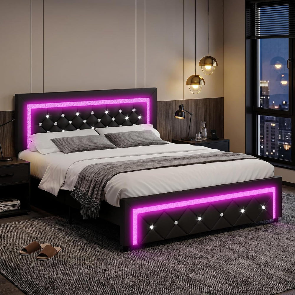 BarnFurin Full Bed Frame with LED Lights, Diamond Tufted Headboard, Black