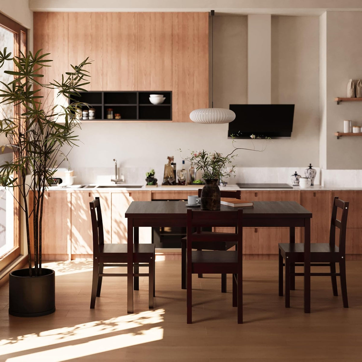 5-piece solid wood indoor modern rectangular dining table showing dimensions
