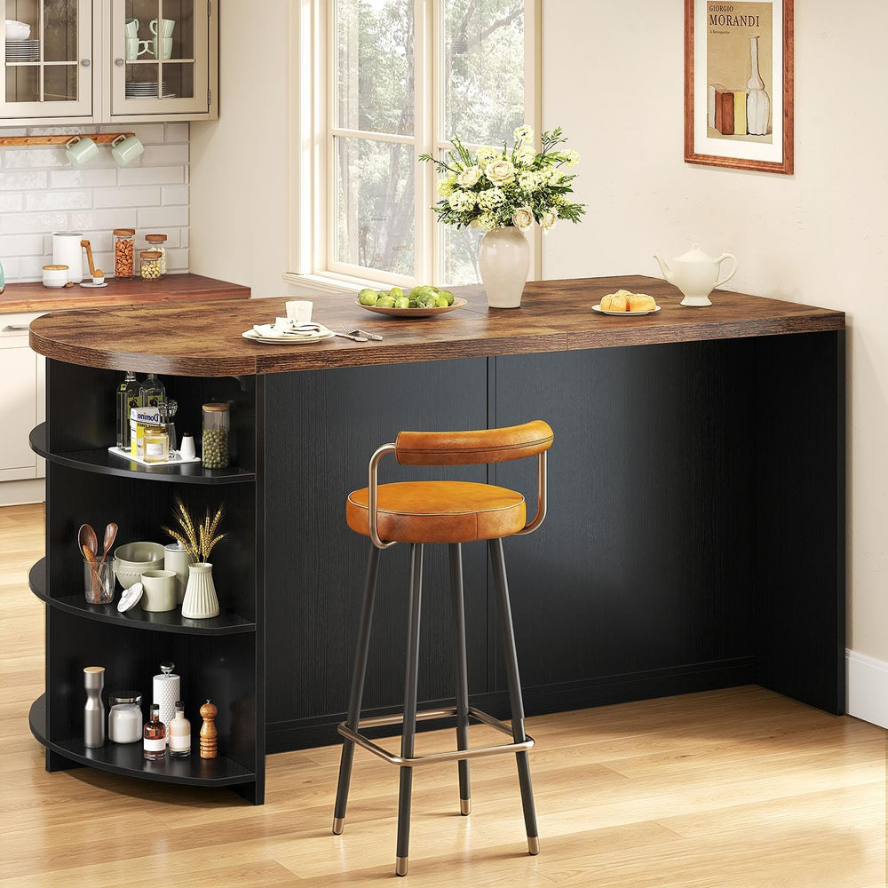 HSH 63 Inch Large Kitchen Island with Storage and Seating, Rustic Brown