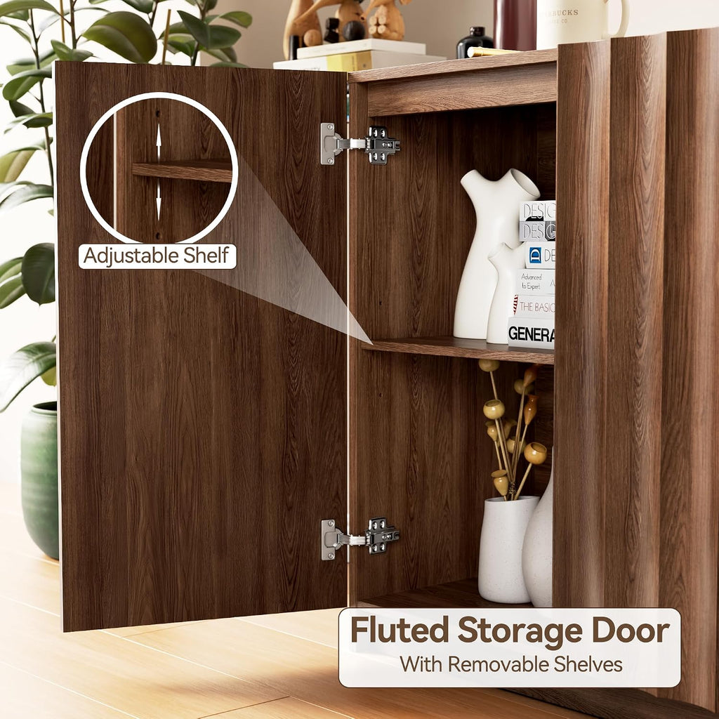 Modern Buffet Cabinet with Storage, 47.2" Tall Fluted Arched Sideboard Cabinet w/Adjustable Shelves, Wooden Modular Coffee Bar for Dining Room, Kitchen, Living Room, Entryway, Brown
