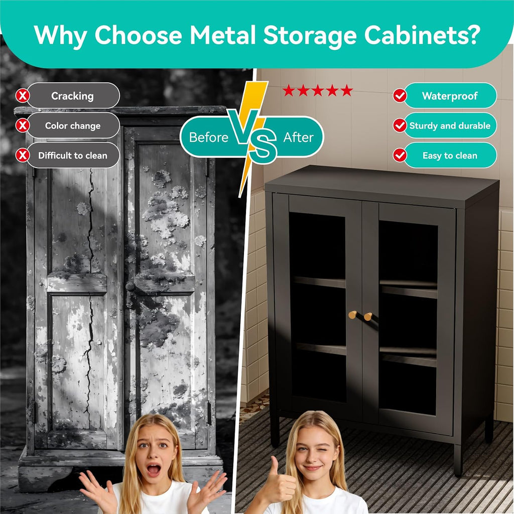 Small Metal Cabinet with Glass Doors,Display Storage Cabinet with 2 Adjustable Shelves for Bathroom Entryway Living Room Dining Room Kitchen,3-Tier,11.8" D x 23.6" W x 31.5" H, Black