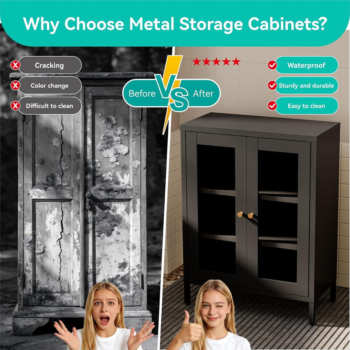 Small Metal Cabinet with Glass Doors,Display Storage Cabinet with 2 Adjustable Shelves for Bathroom Entryway Living Room Dining Room Kitchen,3-Tier,11.8" D x 23.6" W x 31.5" H, Black
