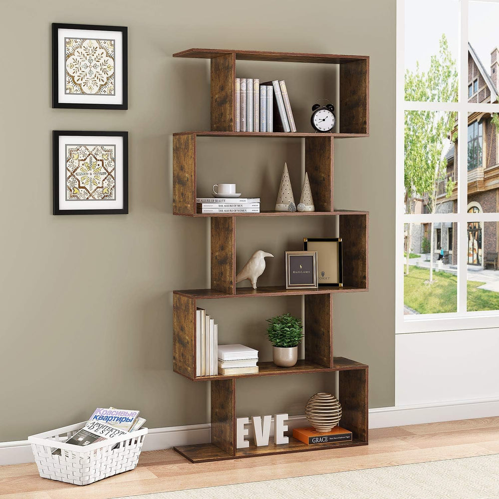 Yusong Bookshelf 5-Tier, Geometric Bookcase S Shaped Book Shelves for Bedroom...