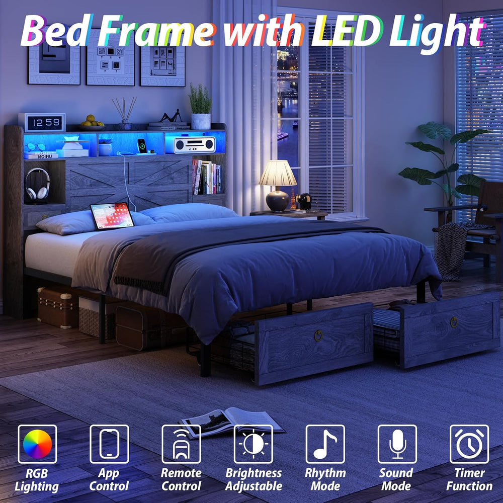 TIGUBFRE Full Bed Frame with Storage Headboard, Farmhouse Wood Bed Frame Full...