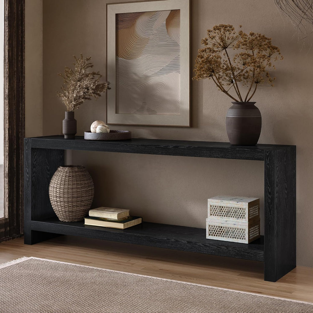 LUMISOL Farmhouse Console Table with Shelf & Wood Veneer, Black